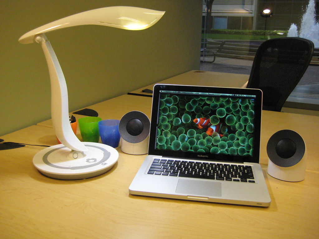 Apple Macbook Pro, Lacie Neil Poulton Speakers, IMG Lighting Desk Lamp